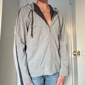 Gray Zip-Up Hoodie with Black Stripes